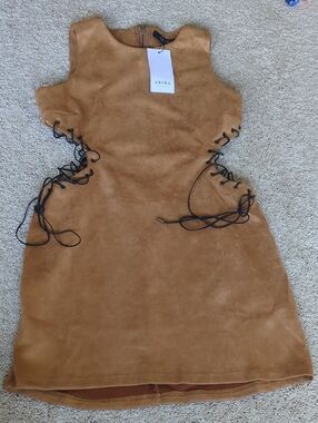 AKIRA Camel Faux Suede Lace-Up Mini Dress